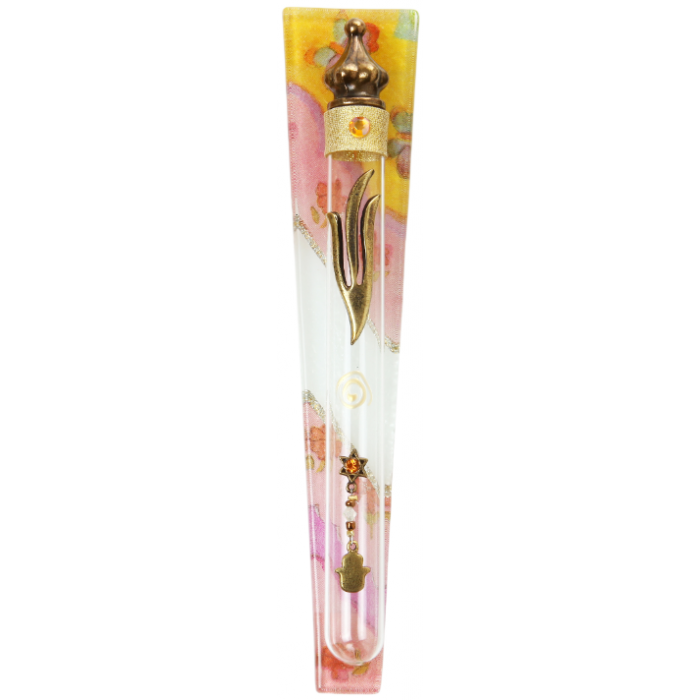 Glass Mezuzah with Trapeze Shape, Butterflies and Stripes and Star of David
