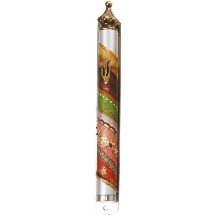 Round Pewter Mezuzah with Bright Stripes, Flowers, Trim and Shin