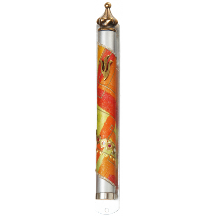 Round Pewter Mezuzah with Box and Line Pattern, Diamond Shapes and Shin