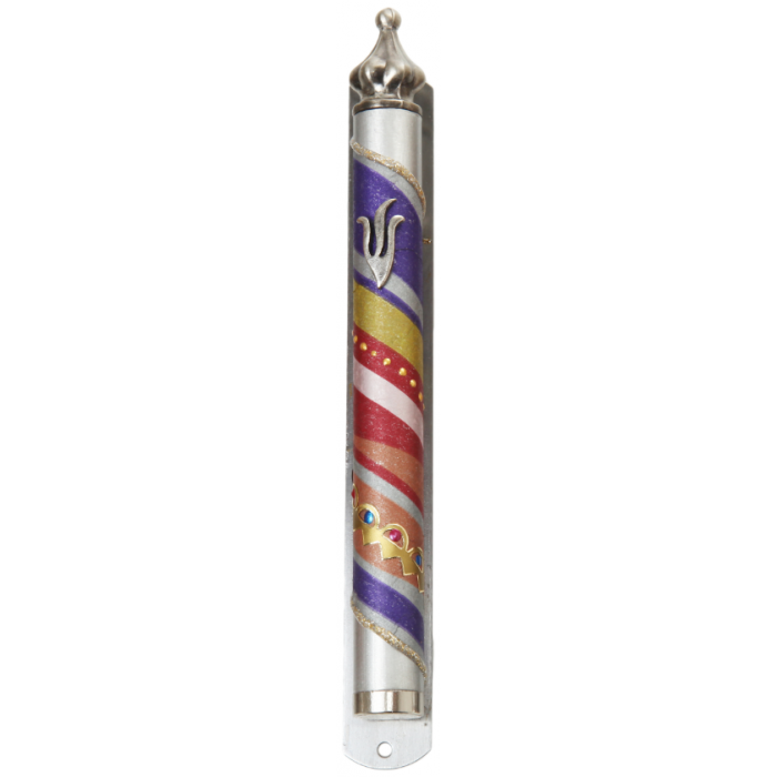 Round Pewter Mezuzah with Monotone Stripes, Semicircles and Shin