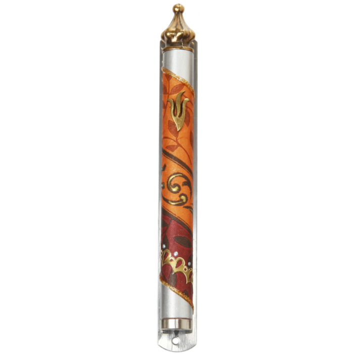 Round Pewter Mezuzah with Leaves, Shin and Geometric Pattern