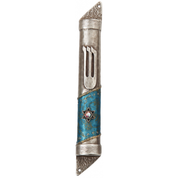 Semicircle Pewter Mezuzah with Blue and Gold Flowers, Star of David and Shin