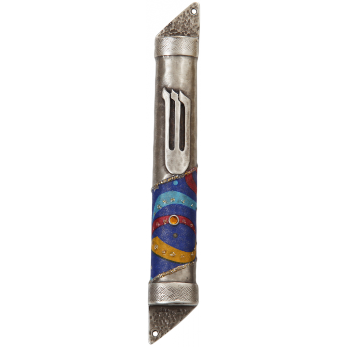 Semicircle Pewter Mezuzah with Orange Bead, Stripes and Shin