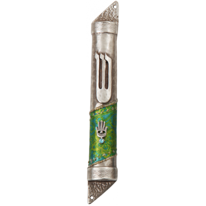 Semicircle Mezuzah with Hamsa, Blue Bead, Floral Pattern and Shin