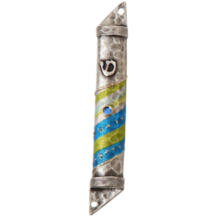 Semicircle Pewter Mezuzah with Blue Bead, Blue Stripes and Shin