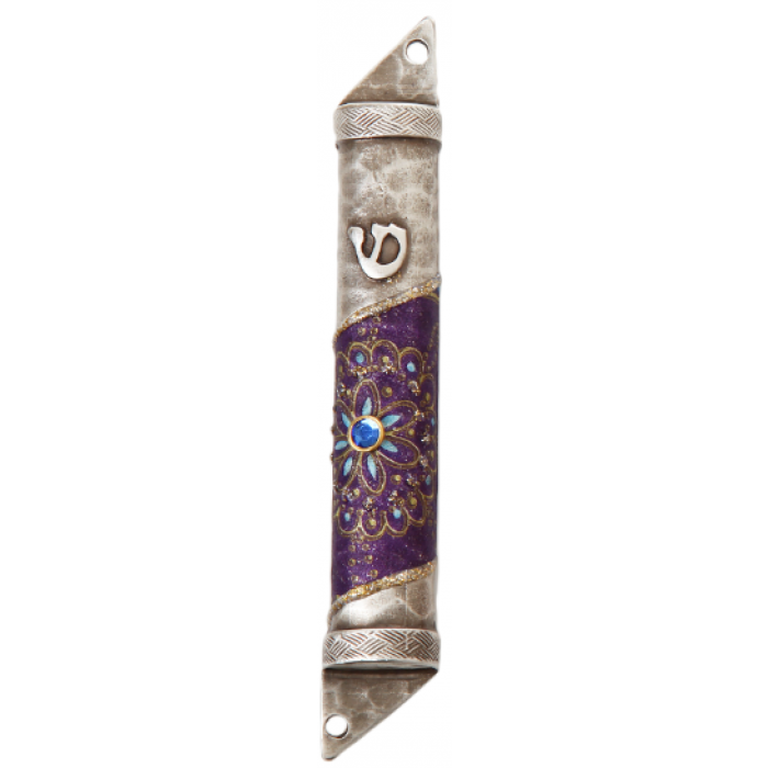 Semicircle Pewter Mezuzah with Large Flower on Purple Background and Shin