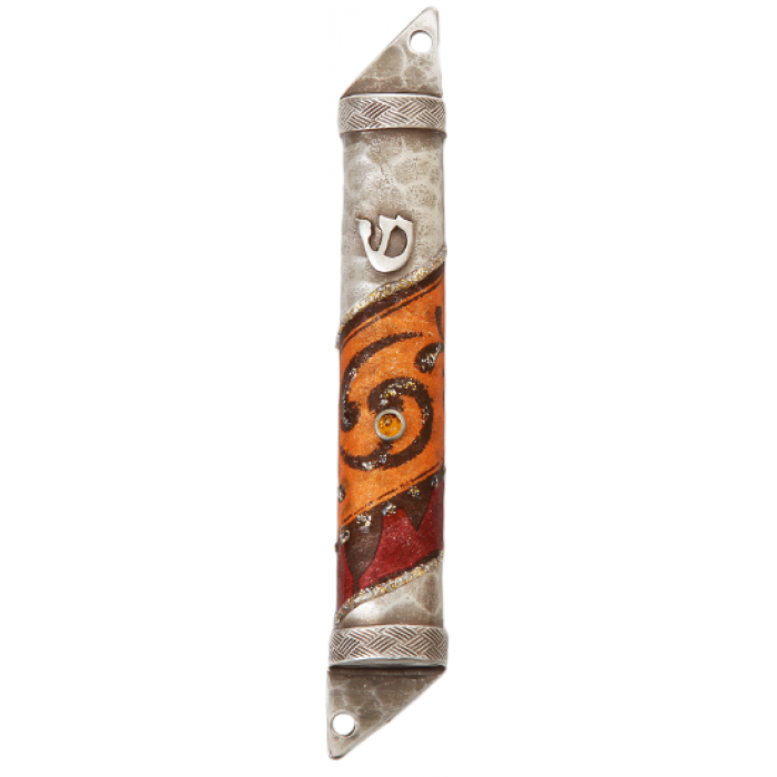 Semicircle Pewter Mezuzah with Swirls, Leaves, Bead and Shin