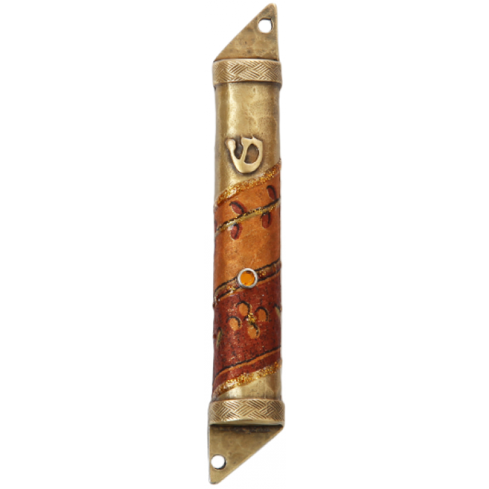 Semicircle Pewter Mezuzah with Leaves, Dots, Orange Bead and Shin
