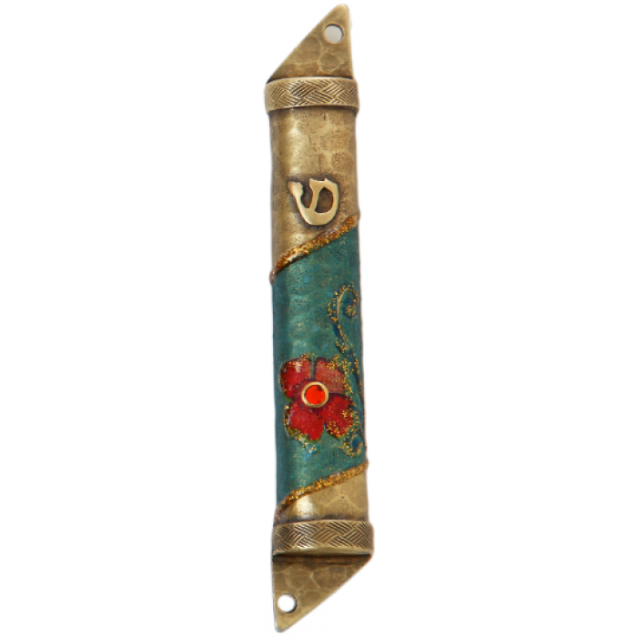 Semicircle Pewter Mezuzah with Blue Band, Pink Flower, Red Bead and Shin