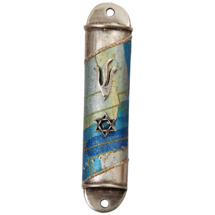 Rounded Semicircle Pewter Mezuzah with Blue Boxes, Star of David and Shin