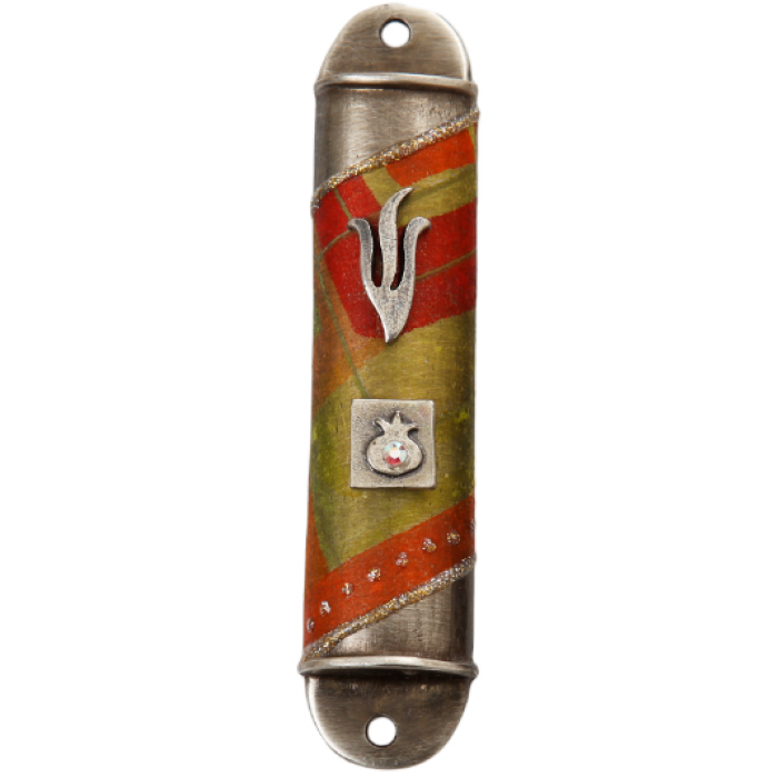 Rounded Semicircle Pewter Mezuzah with Pomegranate, Boxes and Shin