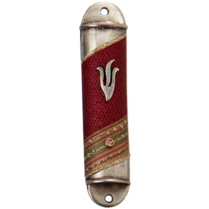 Rounded Semicircle Pewter Mezuzah with Zigzag Stripes, Shin and Pink Stone