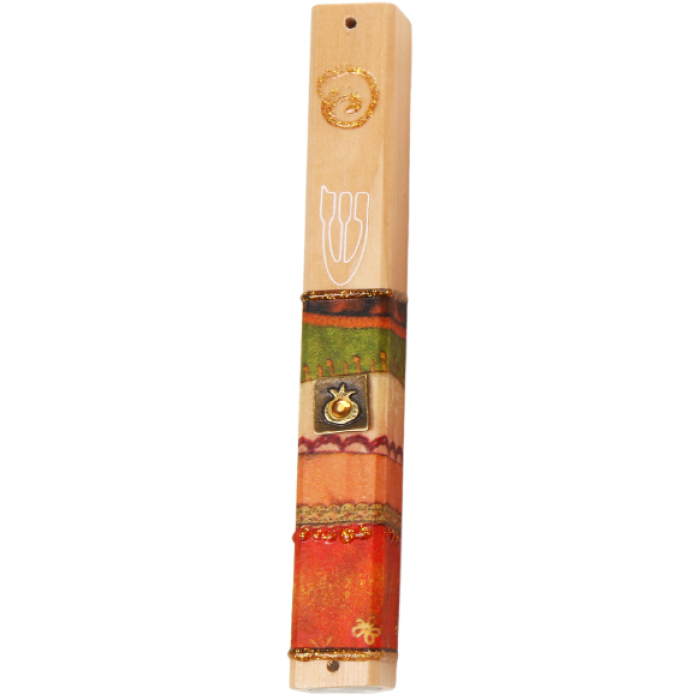 Wood Mezuzah with Stripes, Pomegranate Medallion and Shin