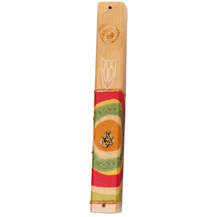 Wood Mezuzah with Coloured Circles, Star of David Medallion and Shin