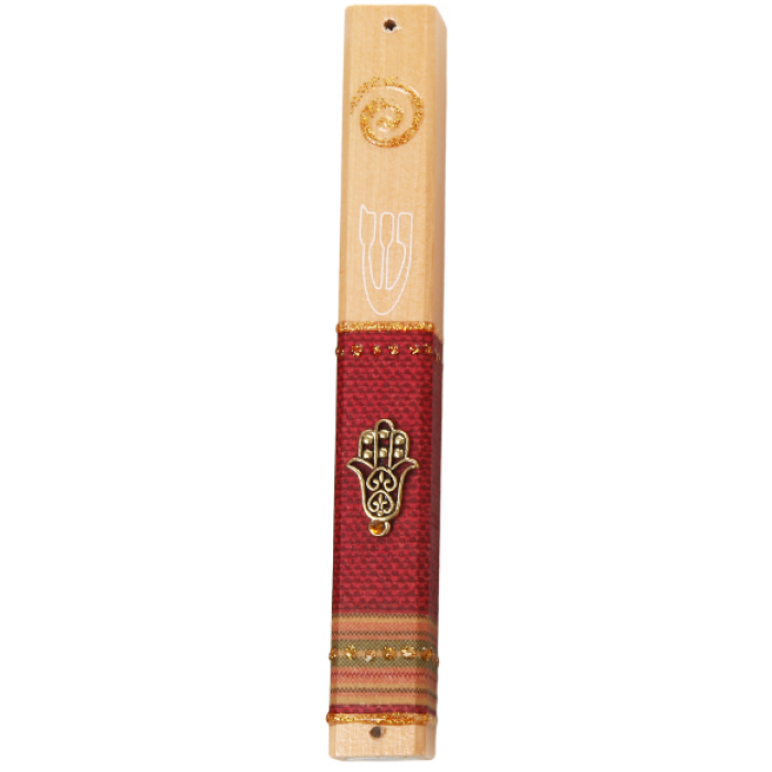 Wood Mezuzah with Red Background, Coloured Stripes, Hamsa and Shin