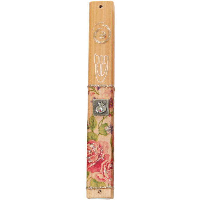 Wood Mezuzah with Roses, Metal Pomegranate and Shin