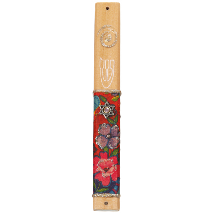 Wood Mezuzah with Flowers, Star of David Medallion and Shin