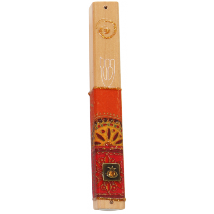 Wood Mezuzah with Mosaic, Metal Pomegranate and Shin