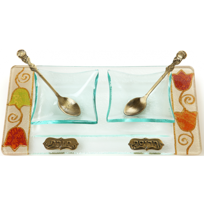 Glass Charoset and Horseradish Dish with Spoons, Bright Flowers and Plaques