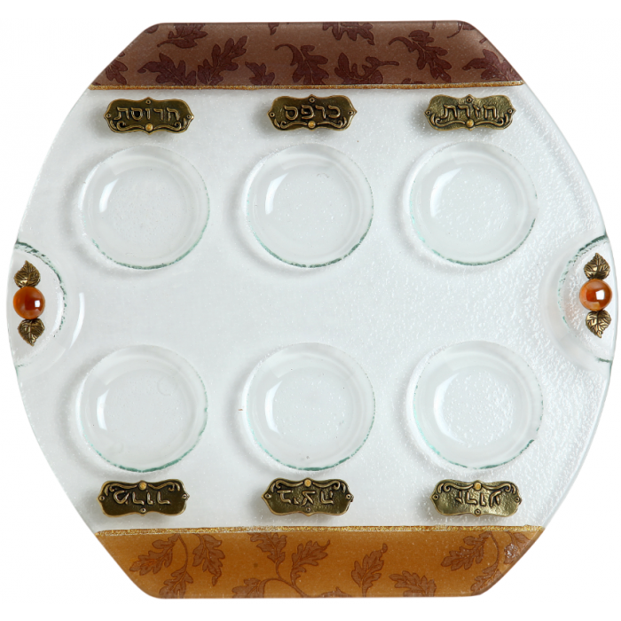 Glass Seder Plate with Autumn Colors and Leaves