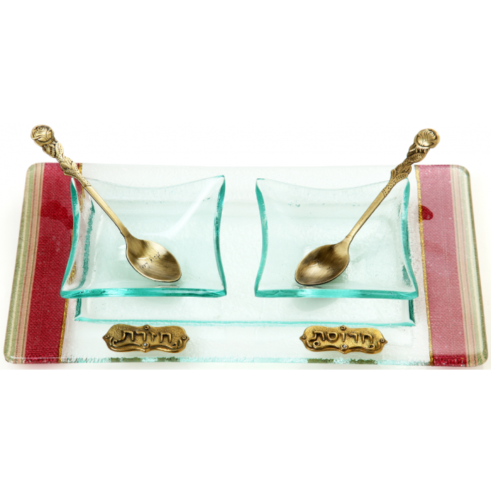 Glass Charoset and Horseradish Dish with Red Stripes, Spoons and Plaques