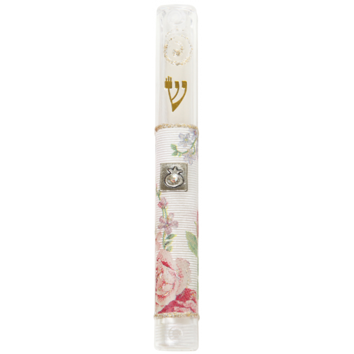Plastic Mezuzah with Roses, Metal Pomegranate and Shin