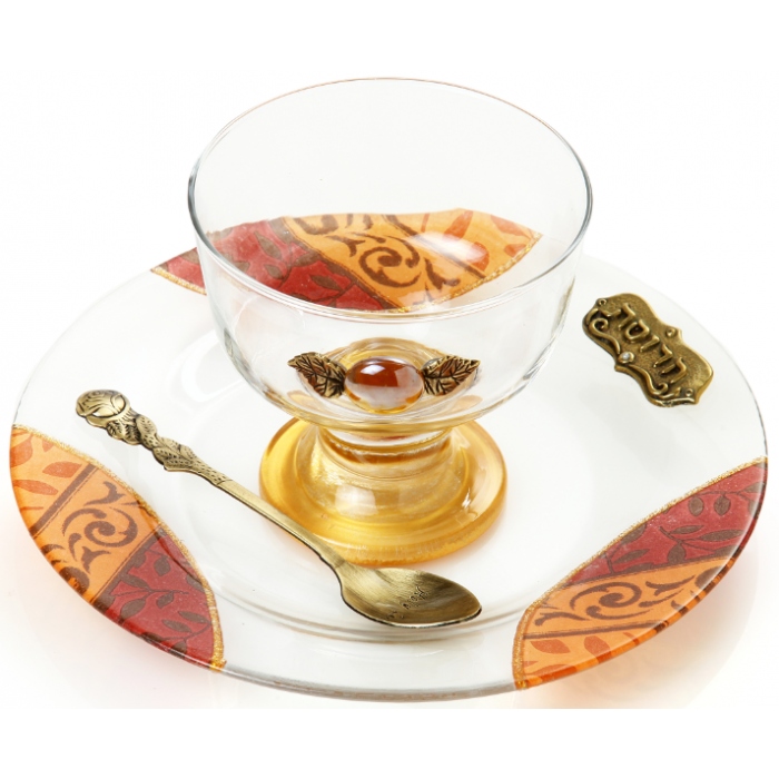 Glass Charoset Dish with Spoon, Tray, Plaque and Leaves