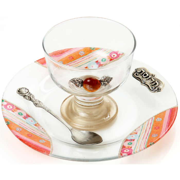 Glass Charoset Dish with Spoon, Tray, Bright Stripes and Hebrew Plaque