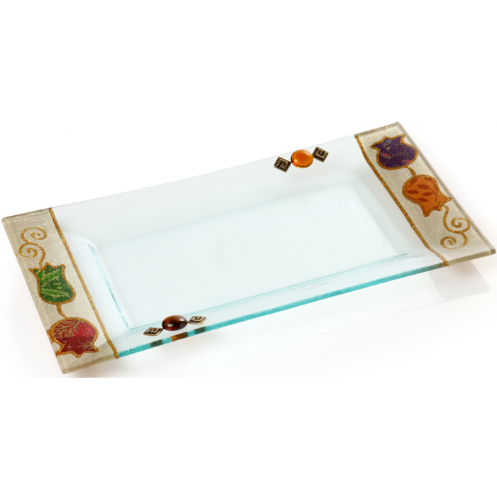 Glass Serving Tray with Flowers, Diamond Shapes and Gold Lines