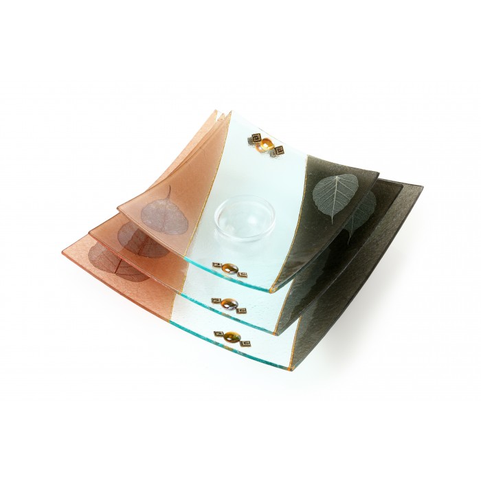 Small Glass Concave Serving Tray with White and Brown Leaves