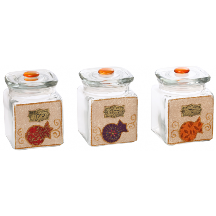 Glass Coffee Container Set with Pomegranates and Gold Lines, 3 Pieces