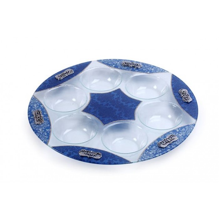 Glass Seder Plate with Star of David, Geometric Pattern and Metal Plaques