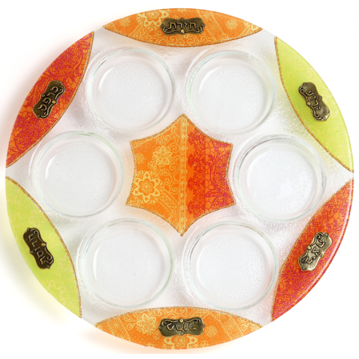 Glass Seder Plate with Star of David, Mosaic and Hebrew Metal Plaques