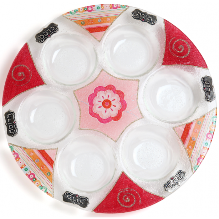 Glass Seder Plate with Pink and Red Triangles, Metal Plaques and Flowers