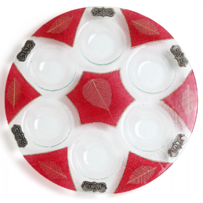 Glass Seder Plate with Red Leaves, Star of David and Metal Plaques
