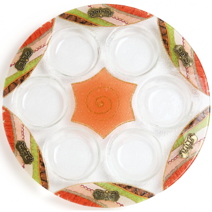 Glass Seder Plate with Orange Star of David, Metal Plaques and Stripes