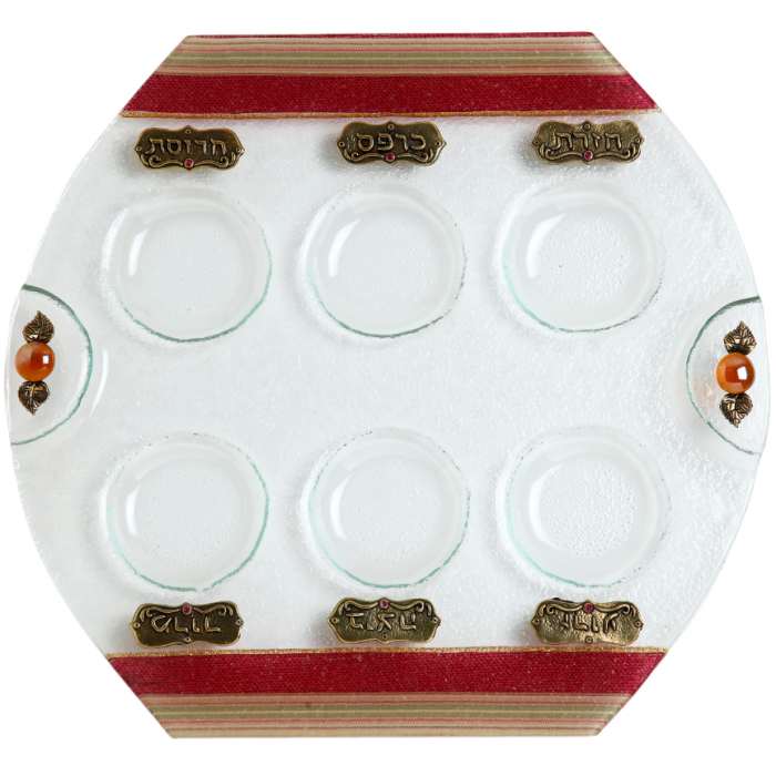 Glass Seder Plate with Colorful Stripes and Hebrew Plaques