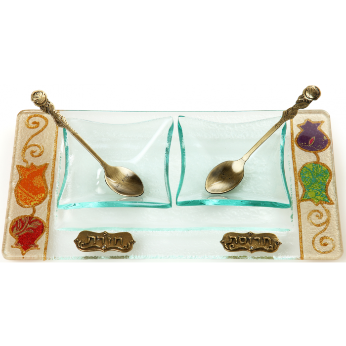 Glass Charoset and Horseradish Dish with Spoons and Hebrew Plaques