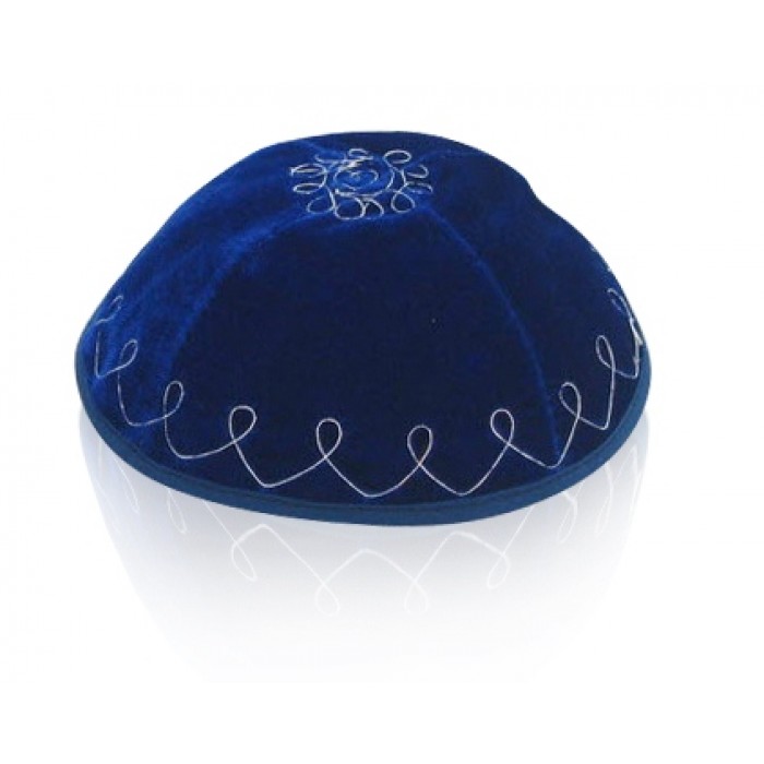 Light Blue Velvet Kippah with Silver Flowers and Loops