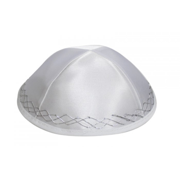 White Terylene Kippah with Silver Zigzag Lines and Four Sections