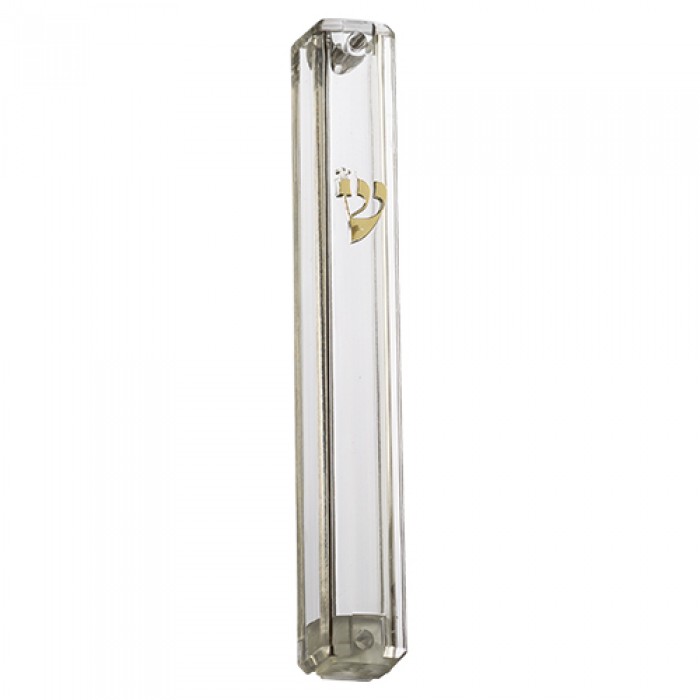 10 Centimetre See-Through Mezuzah with Gold Shin in Clear Plastic