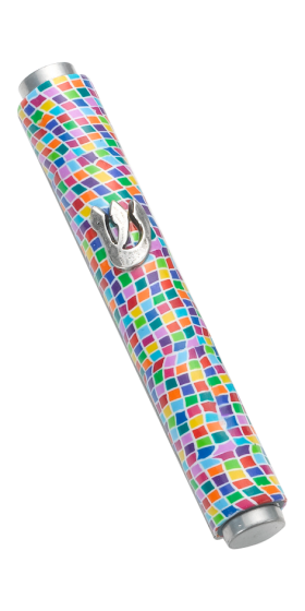 Mezuzah Case with Multicolored Mosaic Pattern and Shin