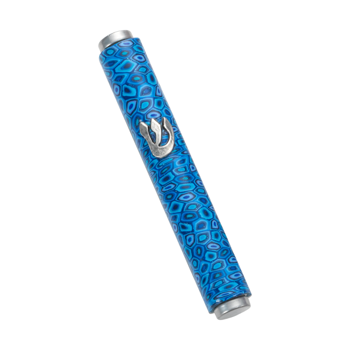 Mezuzah Case with Blue Mosaic Pattern and Shin