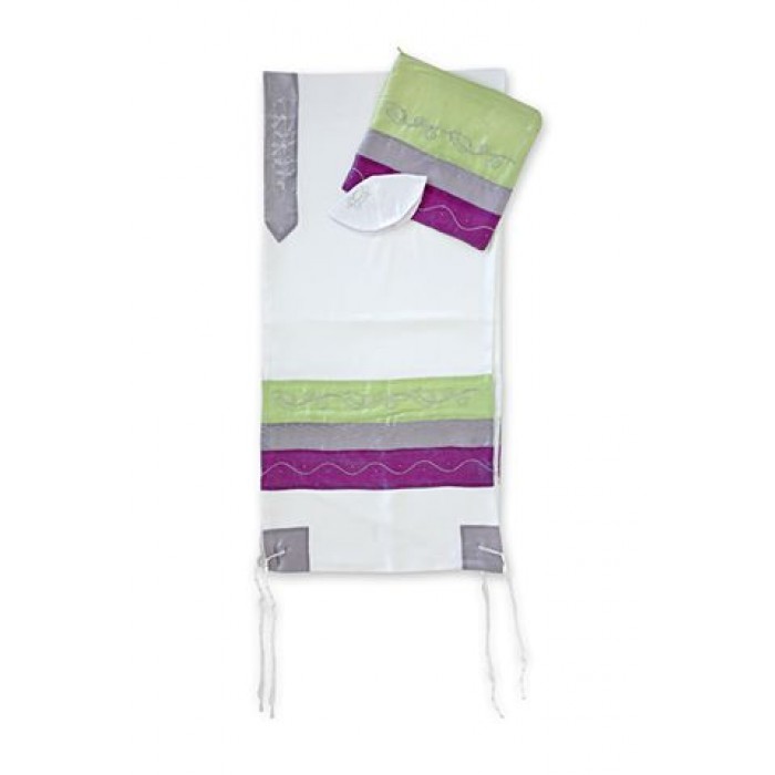 White Tallit Set with Purple and Green Stripes and Roses