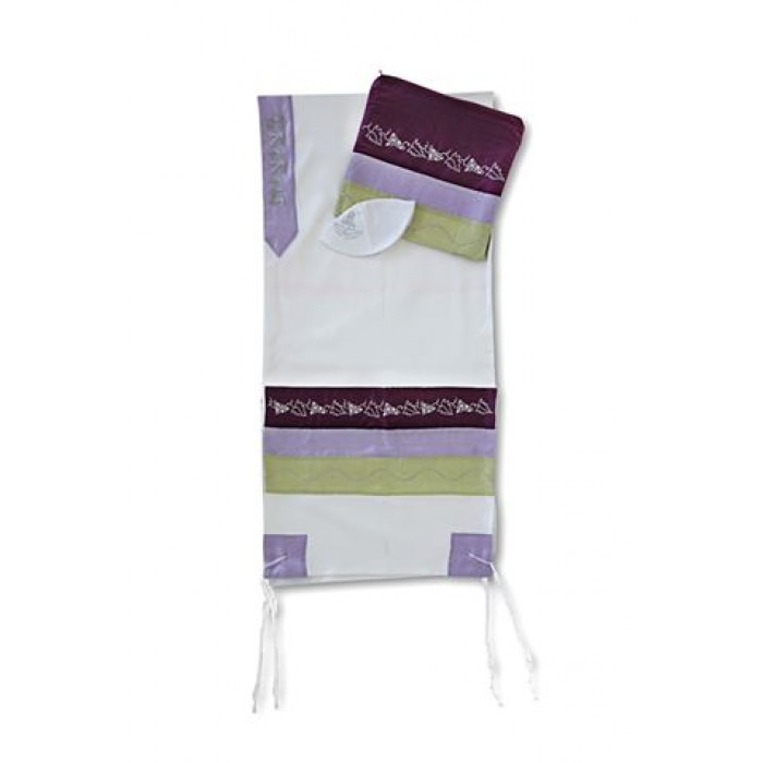 White Tallit Set with Green and Purple Stripes and Grape Clusters