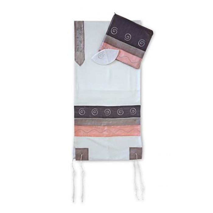 White Tallit Set with Pink, Black and Grey Stripes and Swirls