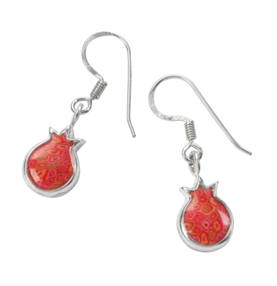 Hook Earrings with Mosaic Red Pomegranate Charms