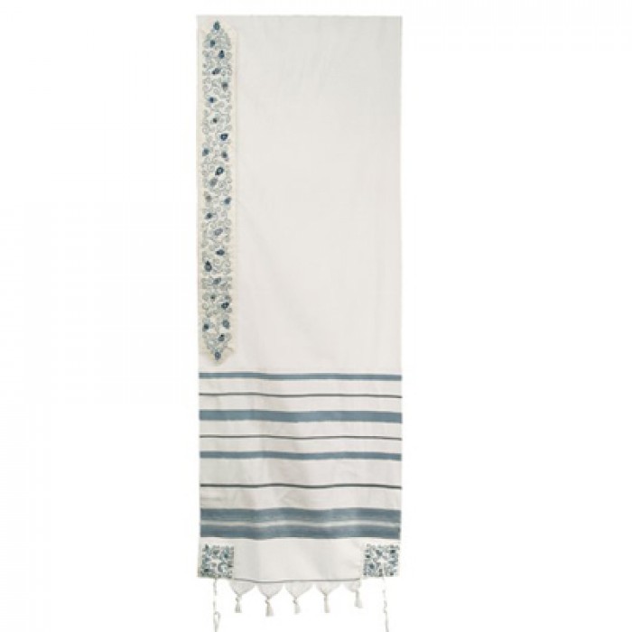 Yair Emanuel Wool Tallit with Sea Green Stripes and Embroidered Atara