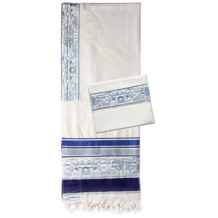 White Wool Tallit with Blue City of David 