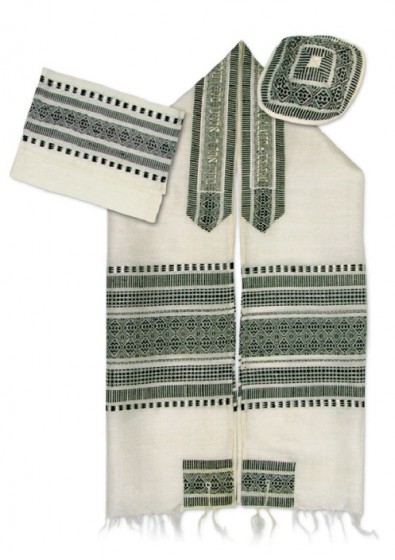 Hand-woven White Wool and Silk Tallit with Hebrew Blessing and Green Pattern